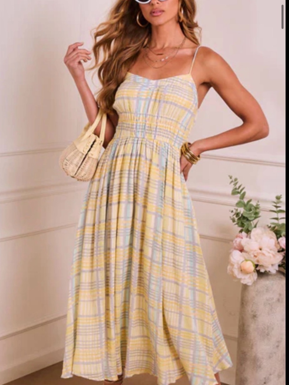 Vici Yellow & Light Blue Plaid Spaghetti Strap Midi Dress